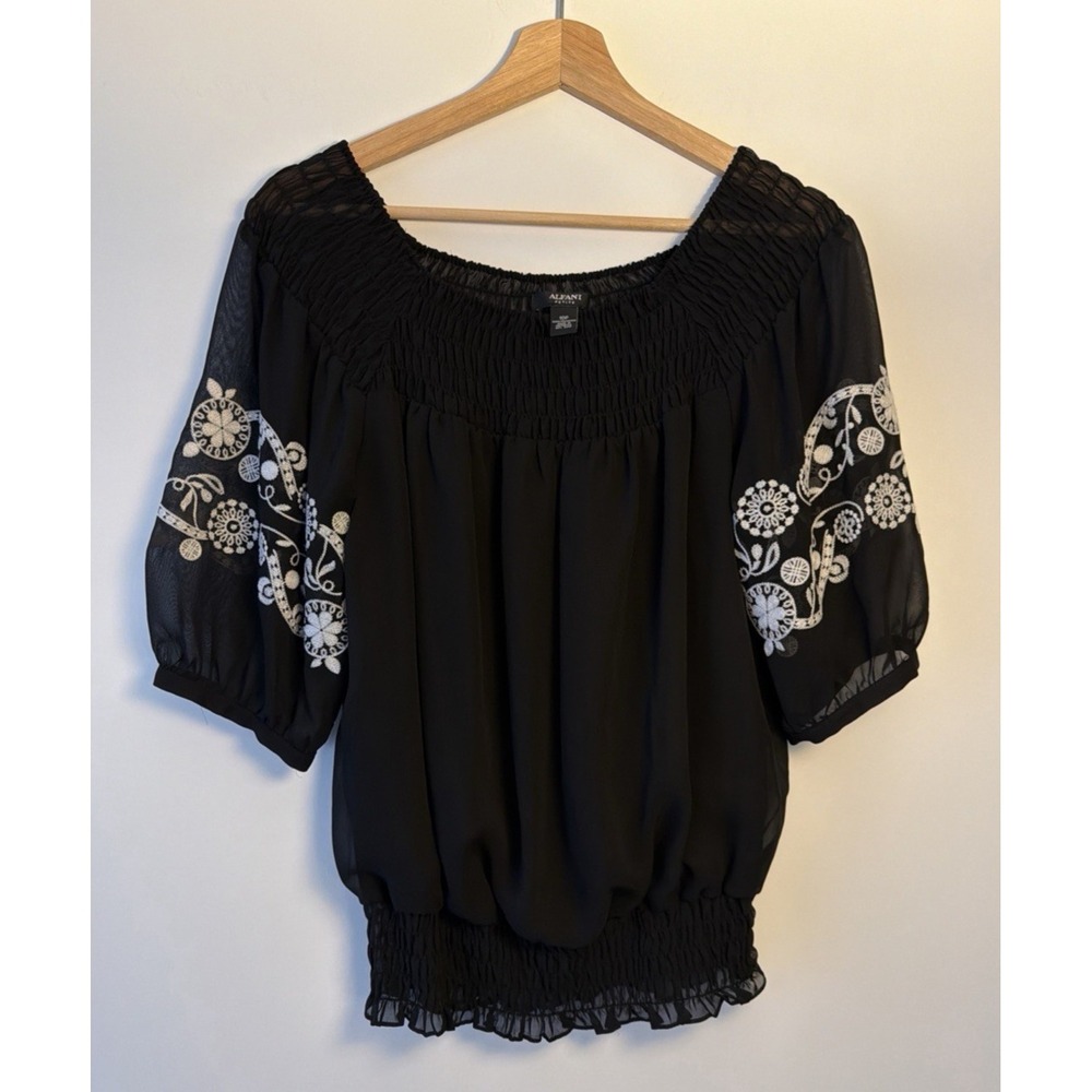 Alfani Womens Petite Semi Sheer Black With White Embroidered Blouse Size 10P Top